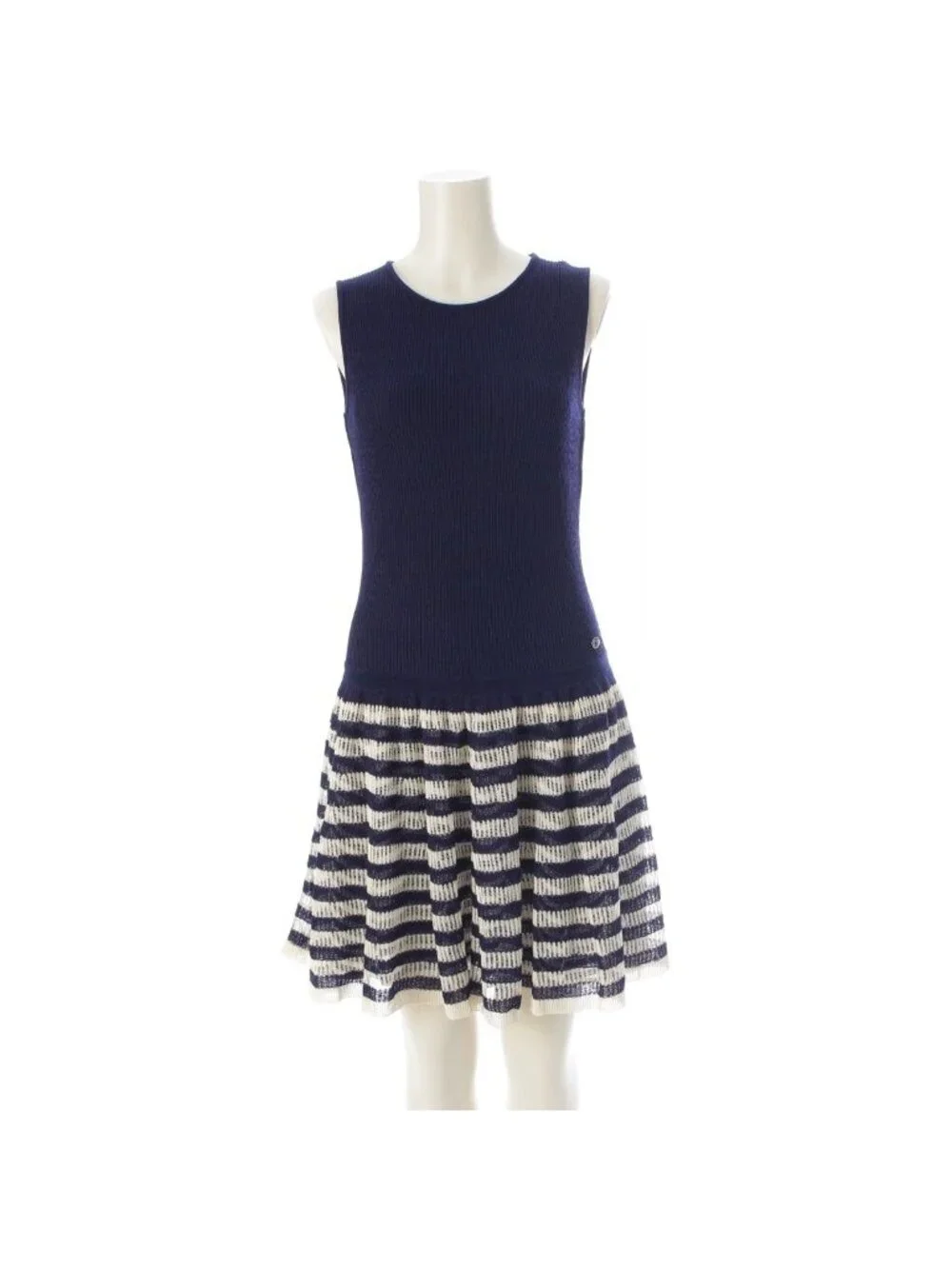 Chanel Polyester Cupro Sleeveless Border Contrast Flare Dress Off White